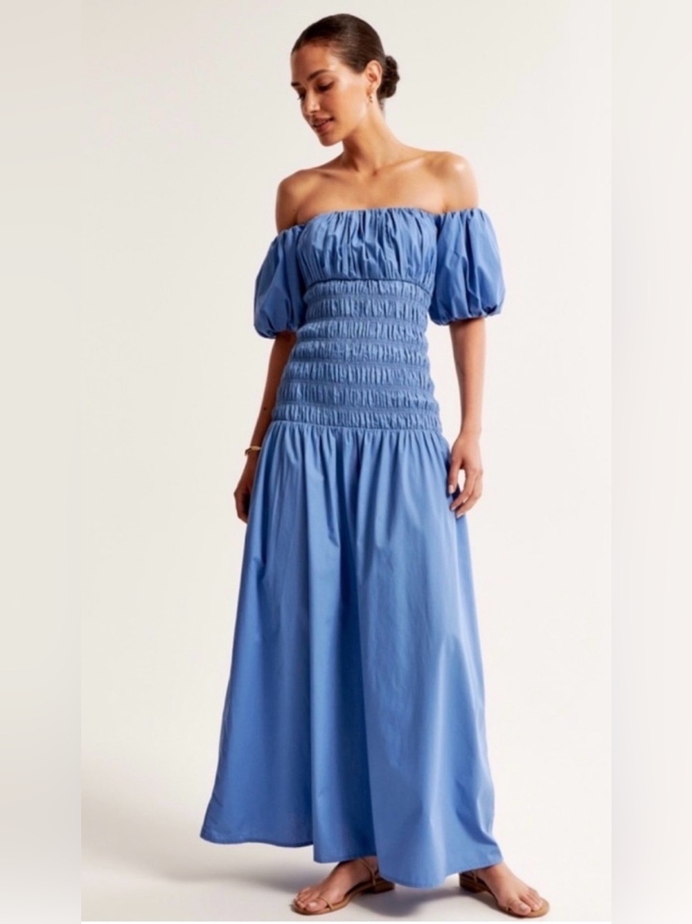 Abercrombie & Fitch Blue Midi Dress Square Neck Puff Sleeve Smocked Cotton Sp